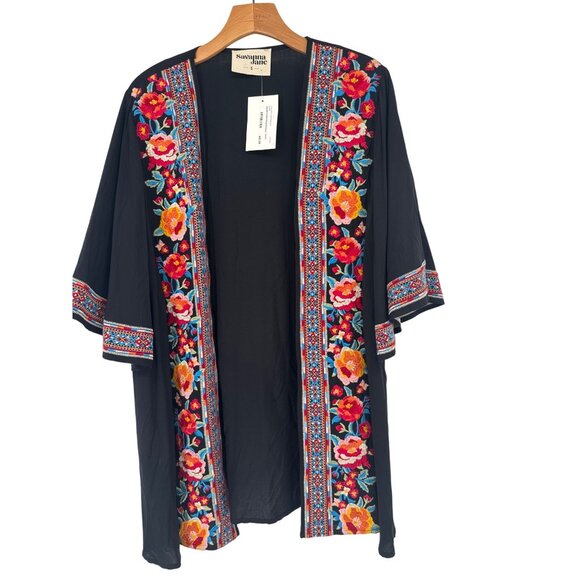 Savanna Jane Black  Embroidered Open  Kimono Cardigan topper size small new - Picture 2 of 7